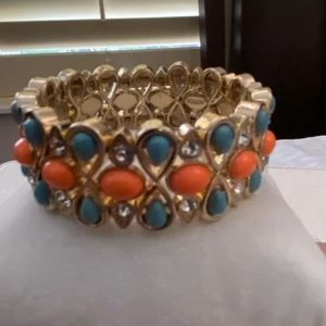 J. Crew - Orange Turquoise Rhinestone Statement Bracelet, Stretches to Fit OSFA